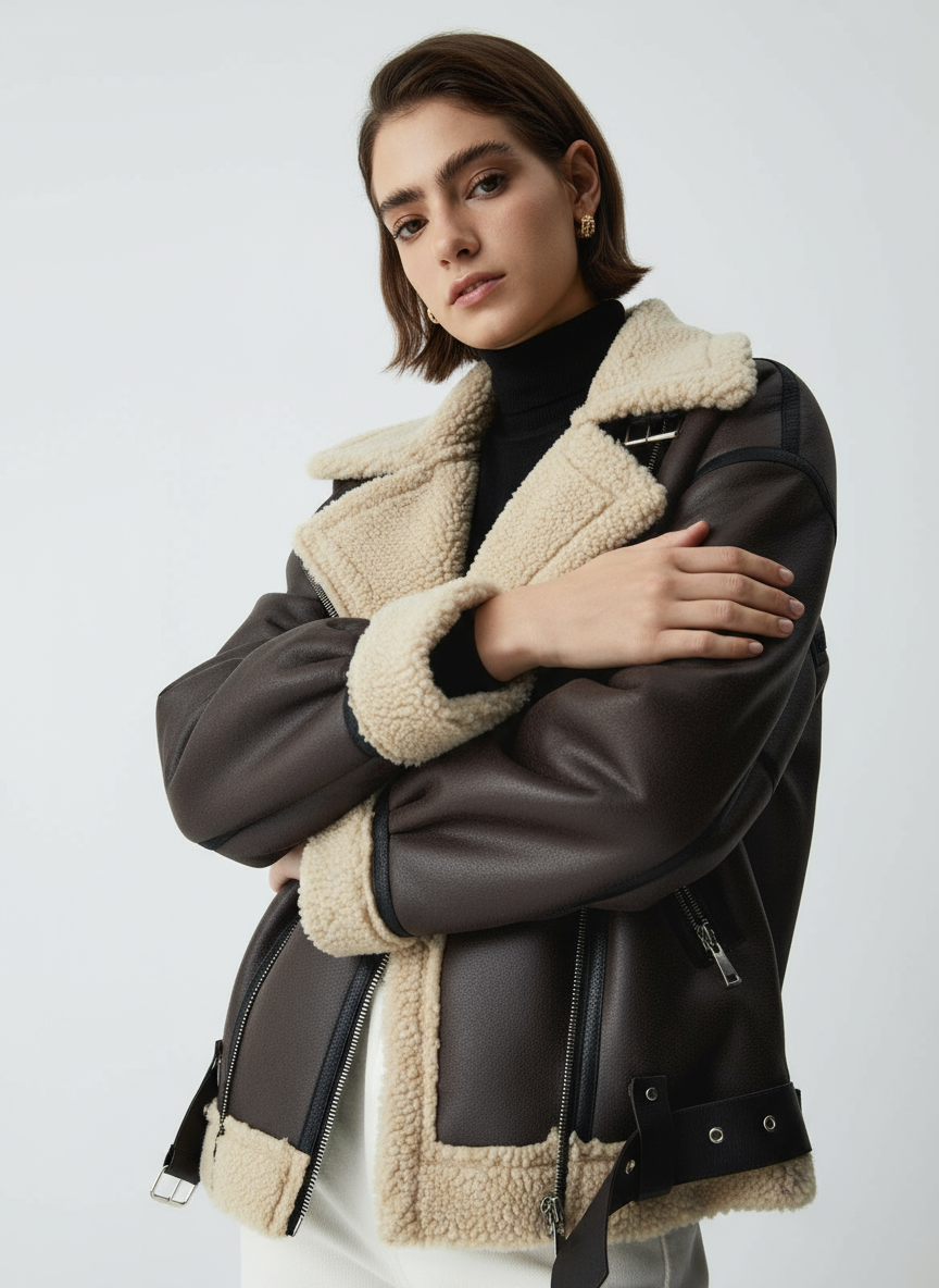Braun Shearling Aviator Jacket – Faux Leather with Cozy Teddy Lining in XS - image 6