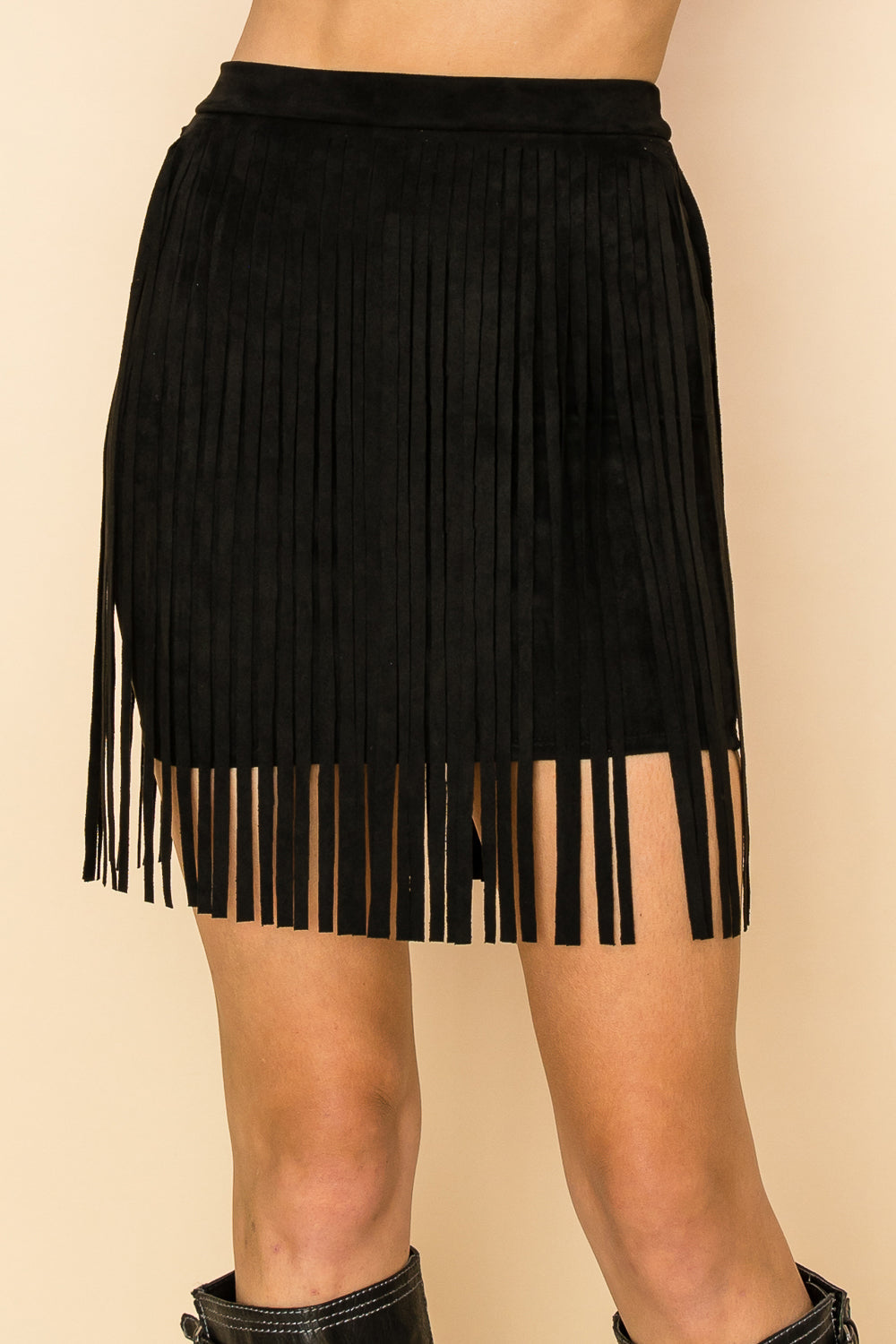 Black Faux Suede Fringe Mini Skirt