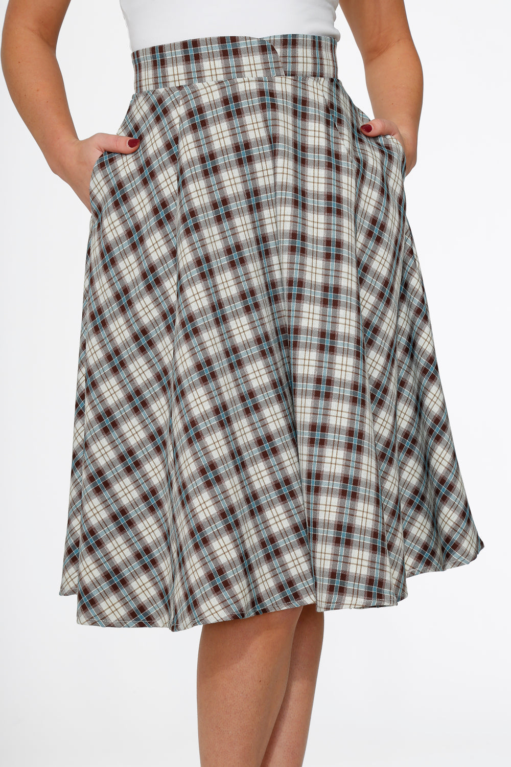 Orchid Bloom White & Brown Plaid Flared Midi Skirt