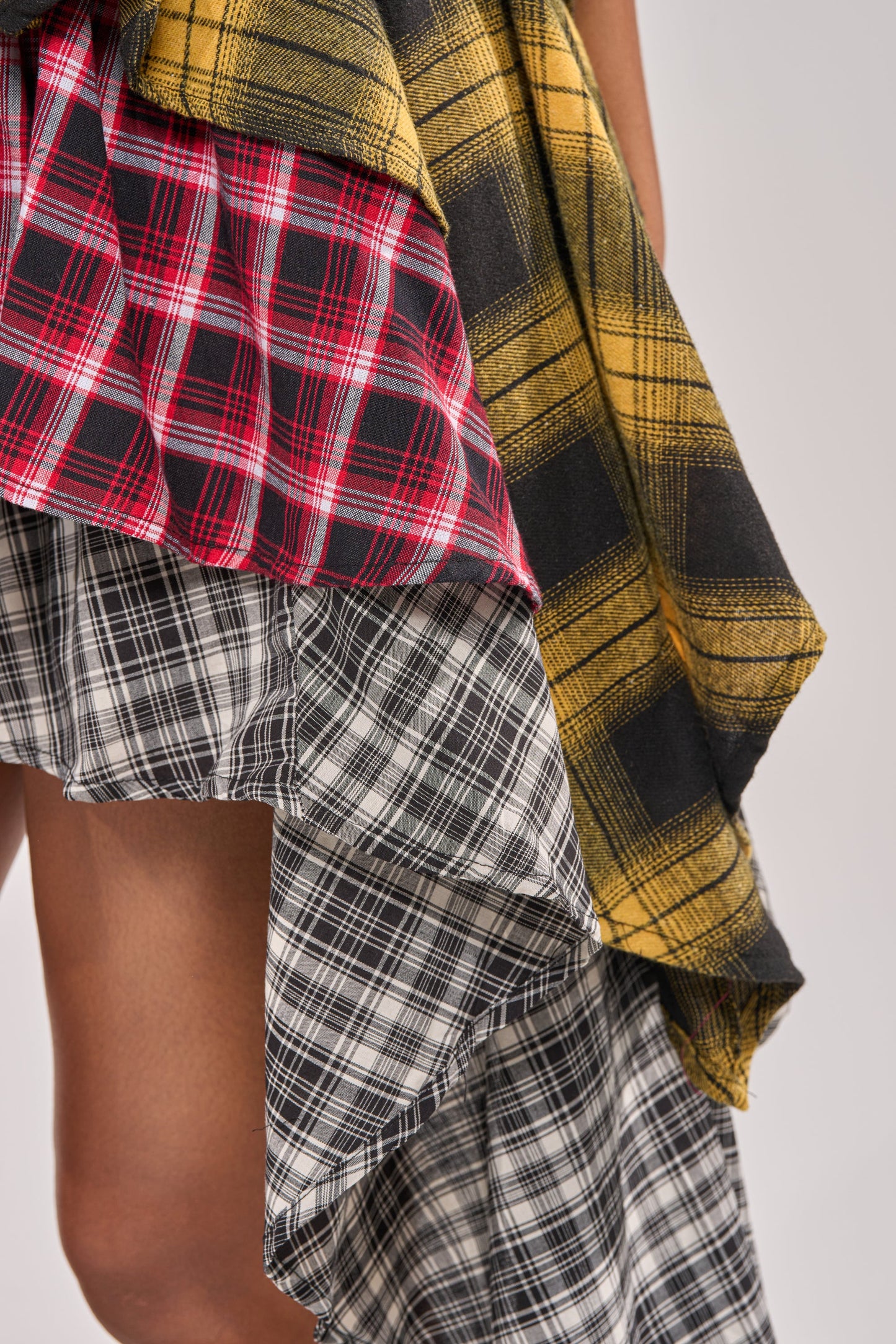 Yellow Mixed Plaid Asymmetrical Ruffle Mini Skirt