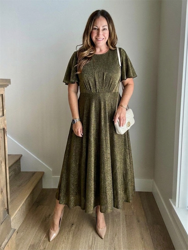 Sophia Silver Glitter Knit Ruffle Sleeve Midi Wedding Guest Dress