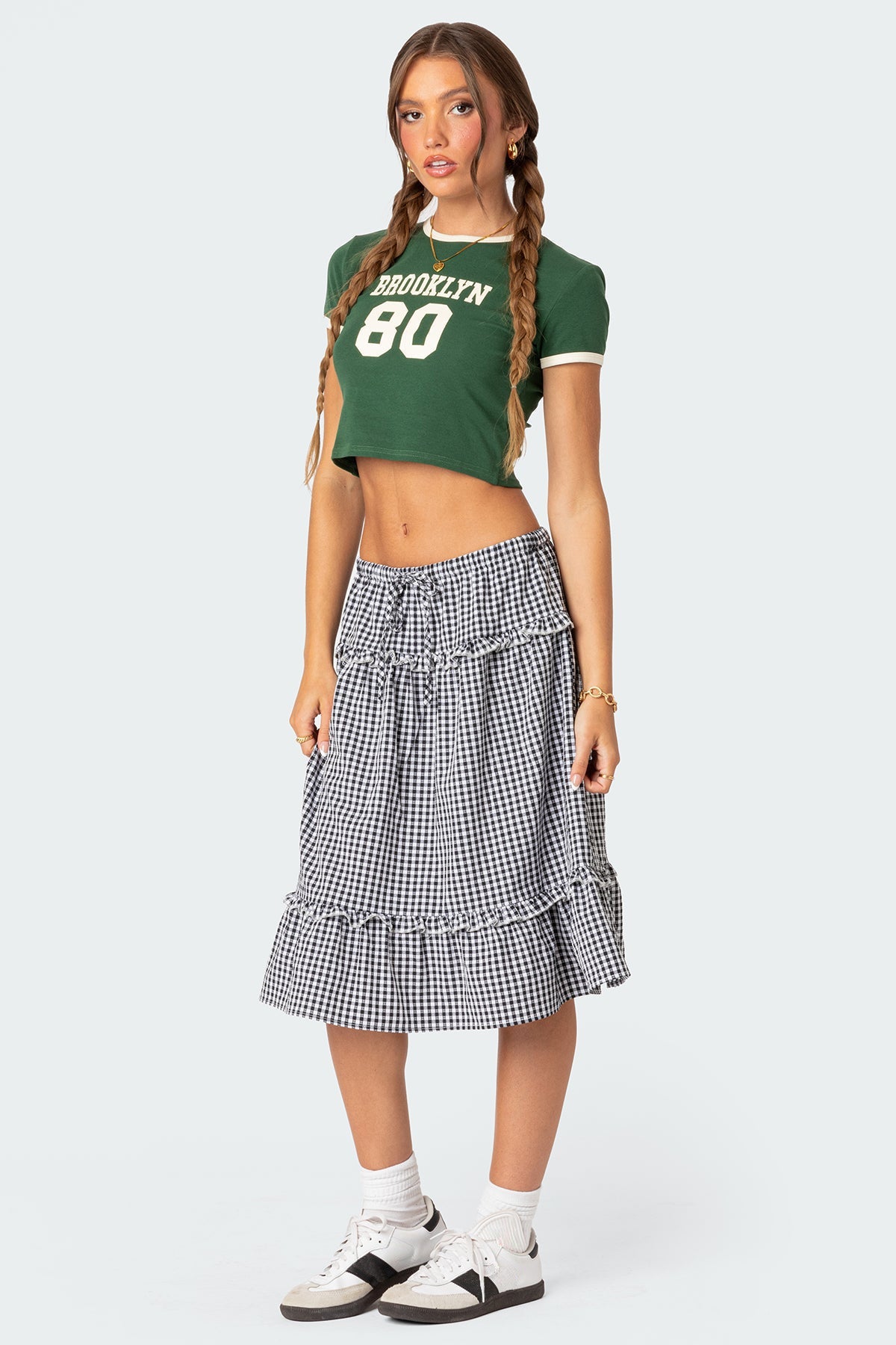 Plaid Tiered Adjustable Waist Midi Skirt