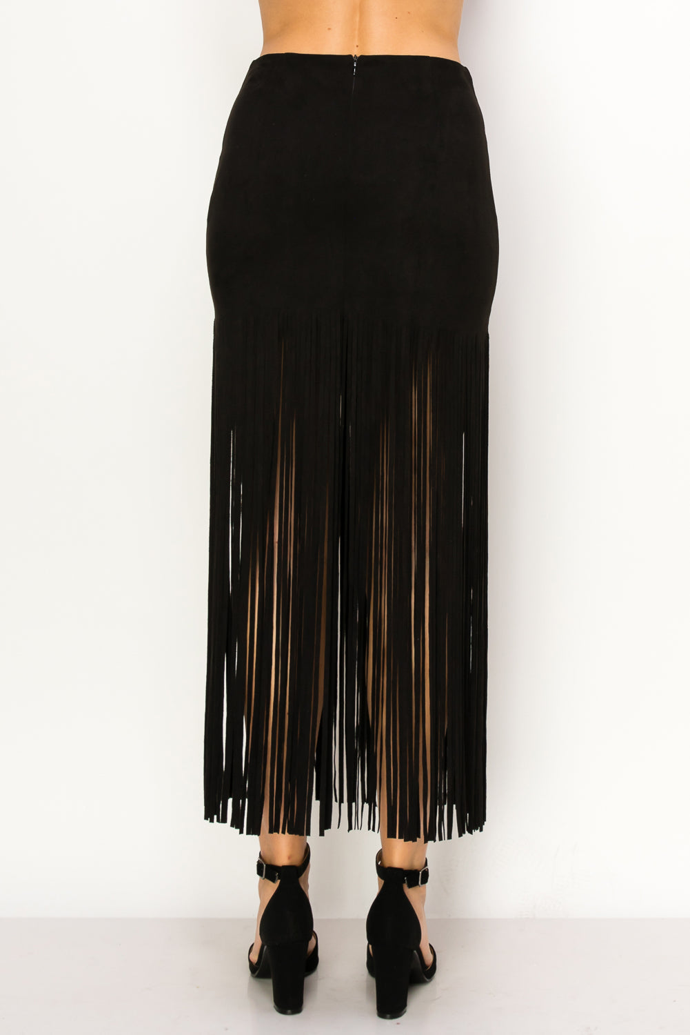 Black Faux Suede Fringe Maxi Skirt - Stretchy Summer Fashion