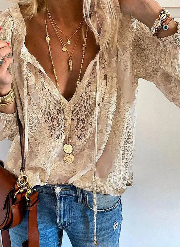 Kelly Chic Boho Blouse Featuring a Cutout Neckline in Khaki - styled look