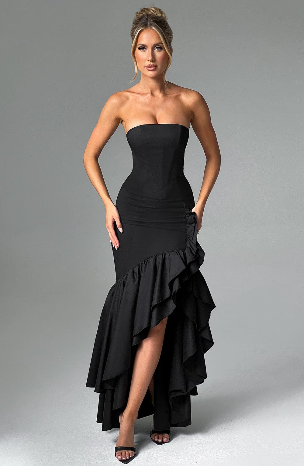 angelina black dress Maxi A gathered side tie