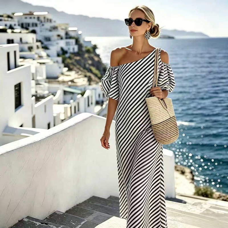 Sophia Blue Striped Off Shoulder Flowy Summer Dress