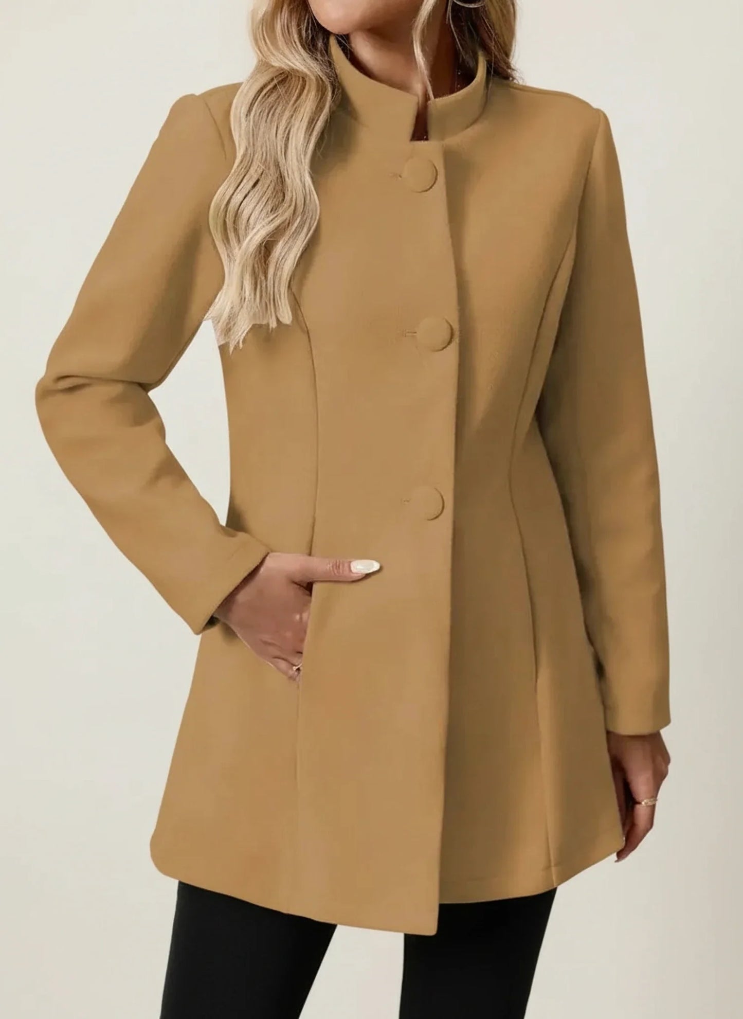Luvrefashion | A Line Jacket with Mandarin Collar in Beige - image 9