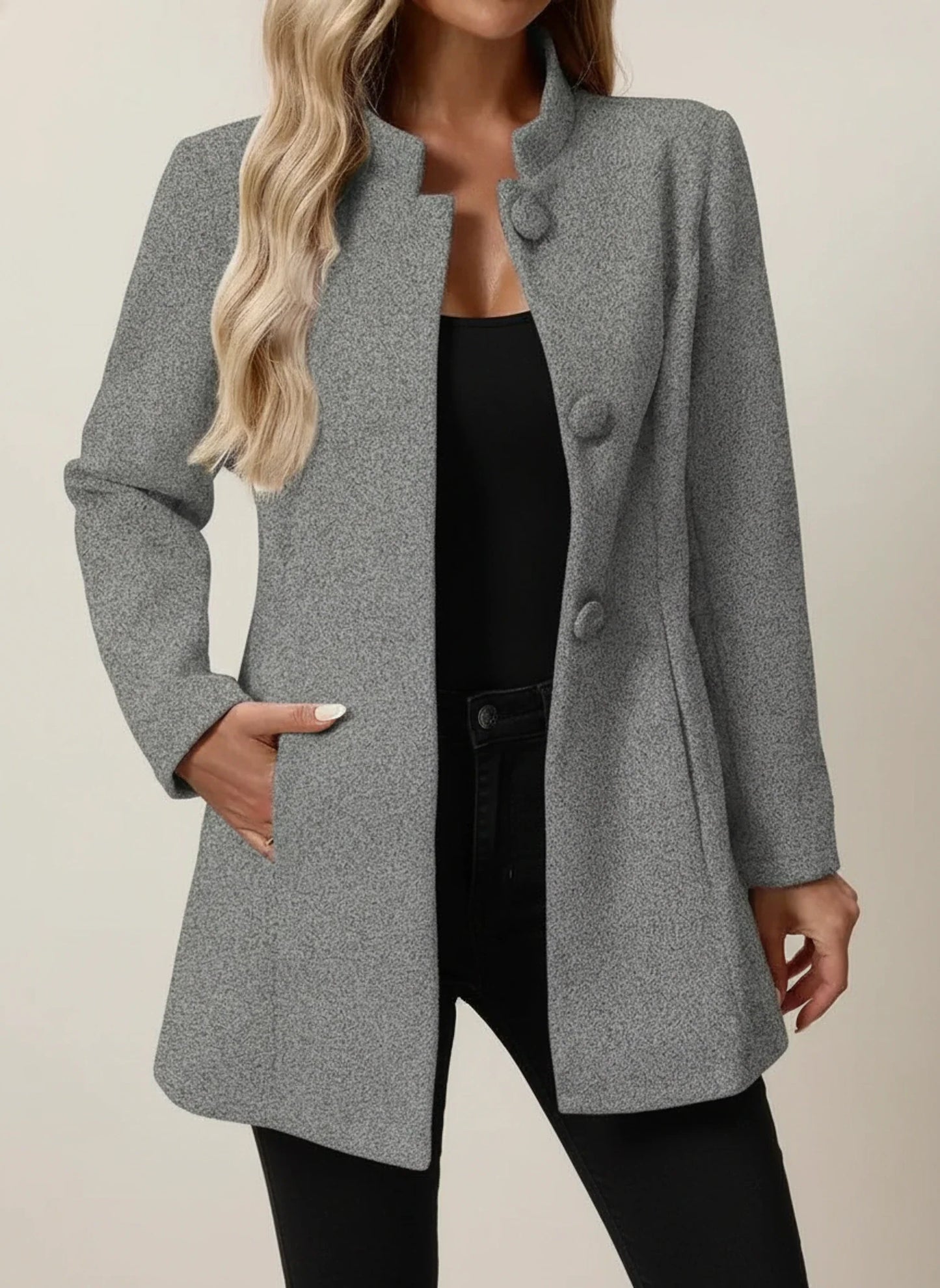 A Line Jacket with Mandarin Collar in Beige - image 10