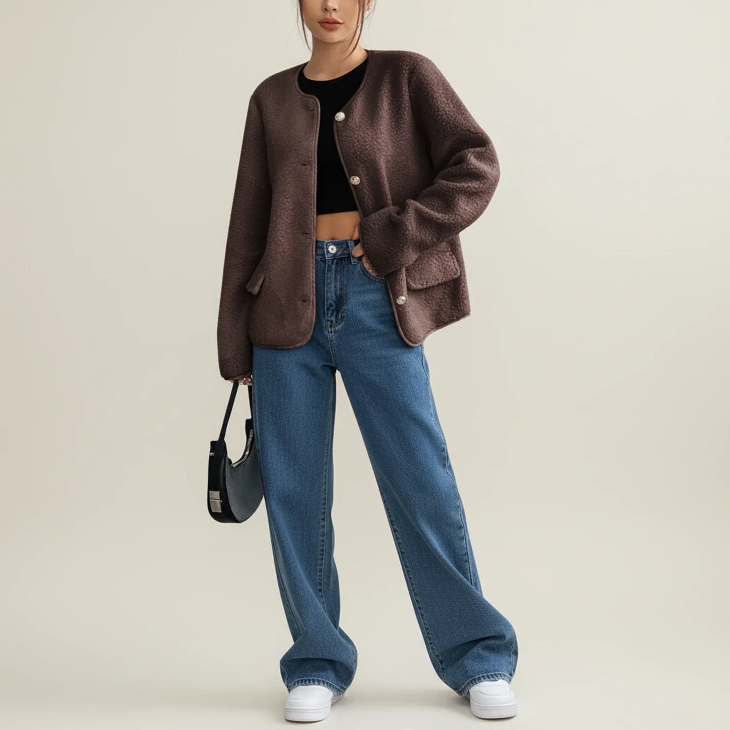 Collarless Tweed Inspired Jacket for in Dark Brown - styled look