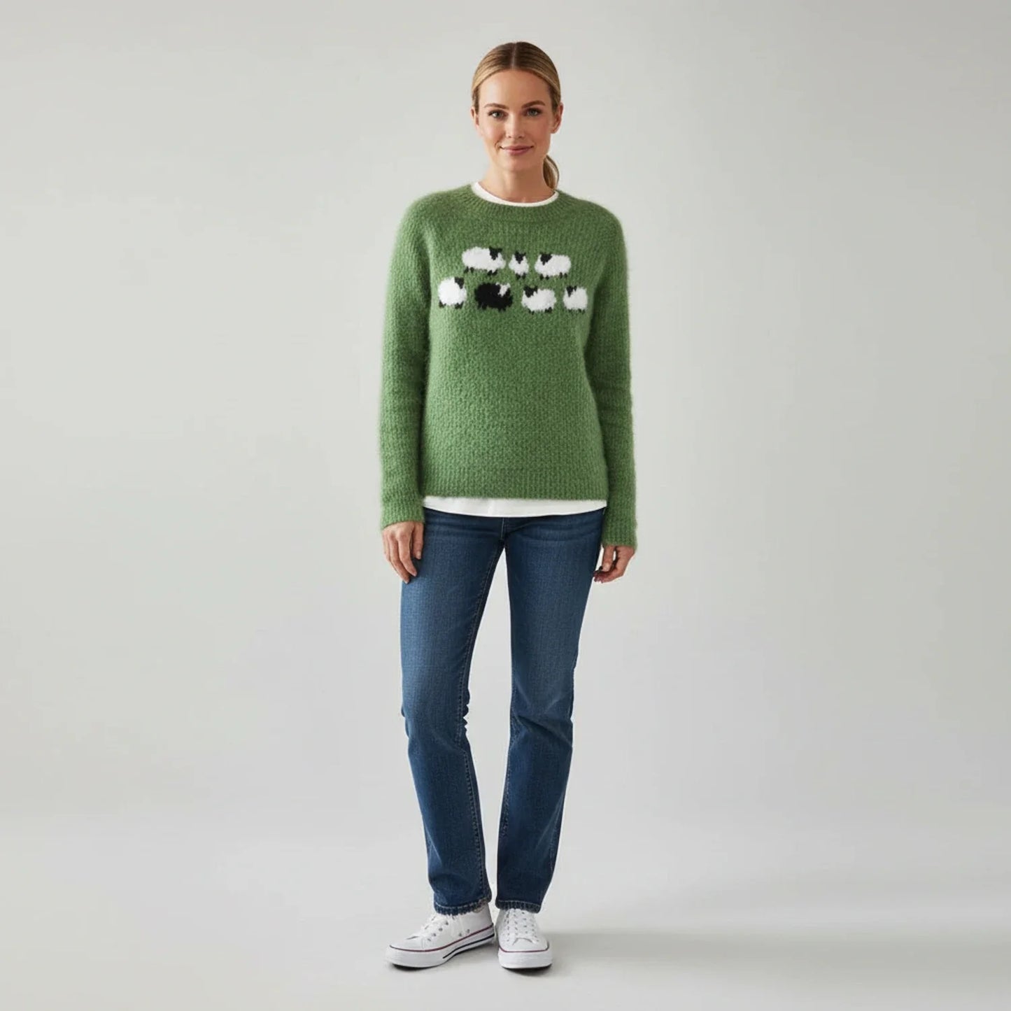 Black Sheep Graphic Pullover Sweater in Green - back view