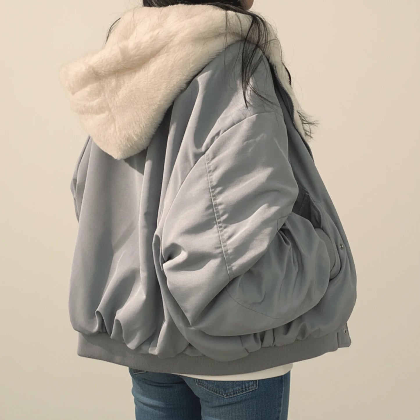 Luvrefashion | Bomber Jacket with Fur Hood for in Gray - side view