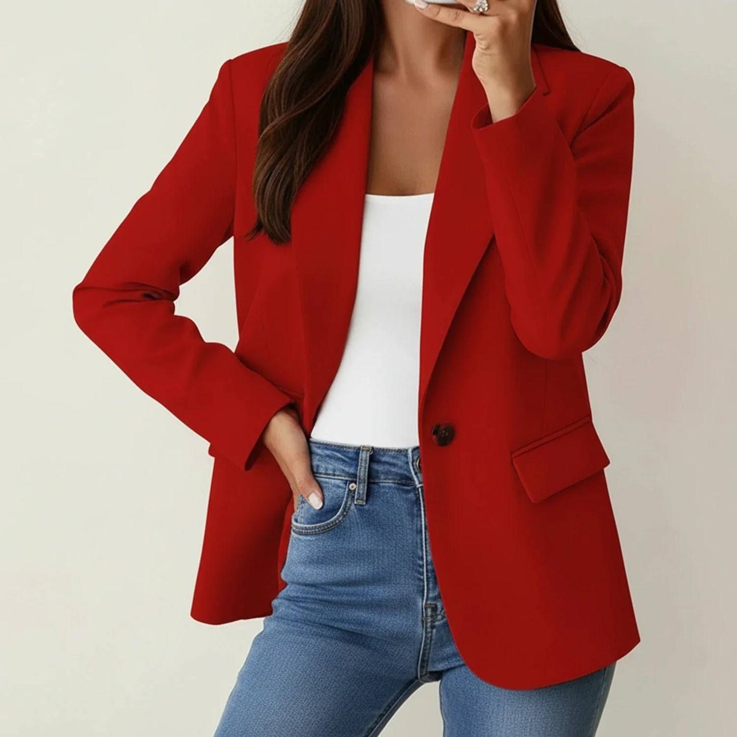 Ladies' Single Button Blazer in Red - side view