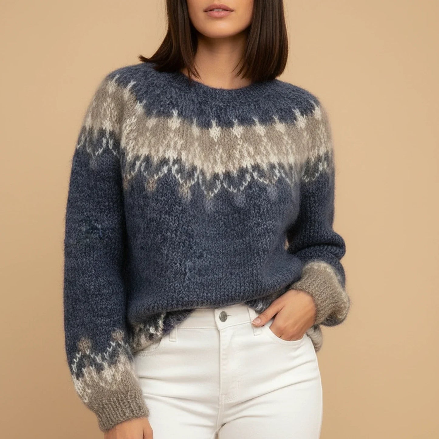 Luvrefashion | Comfortable Fair Isle Knit Sweater in Gray - back view