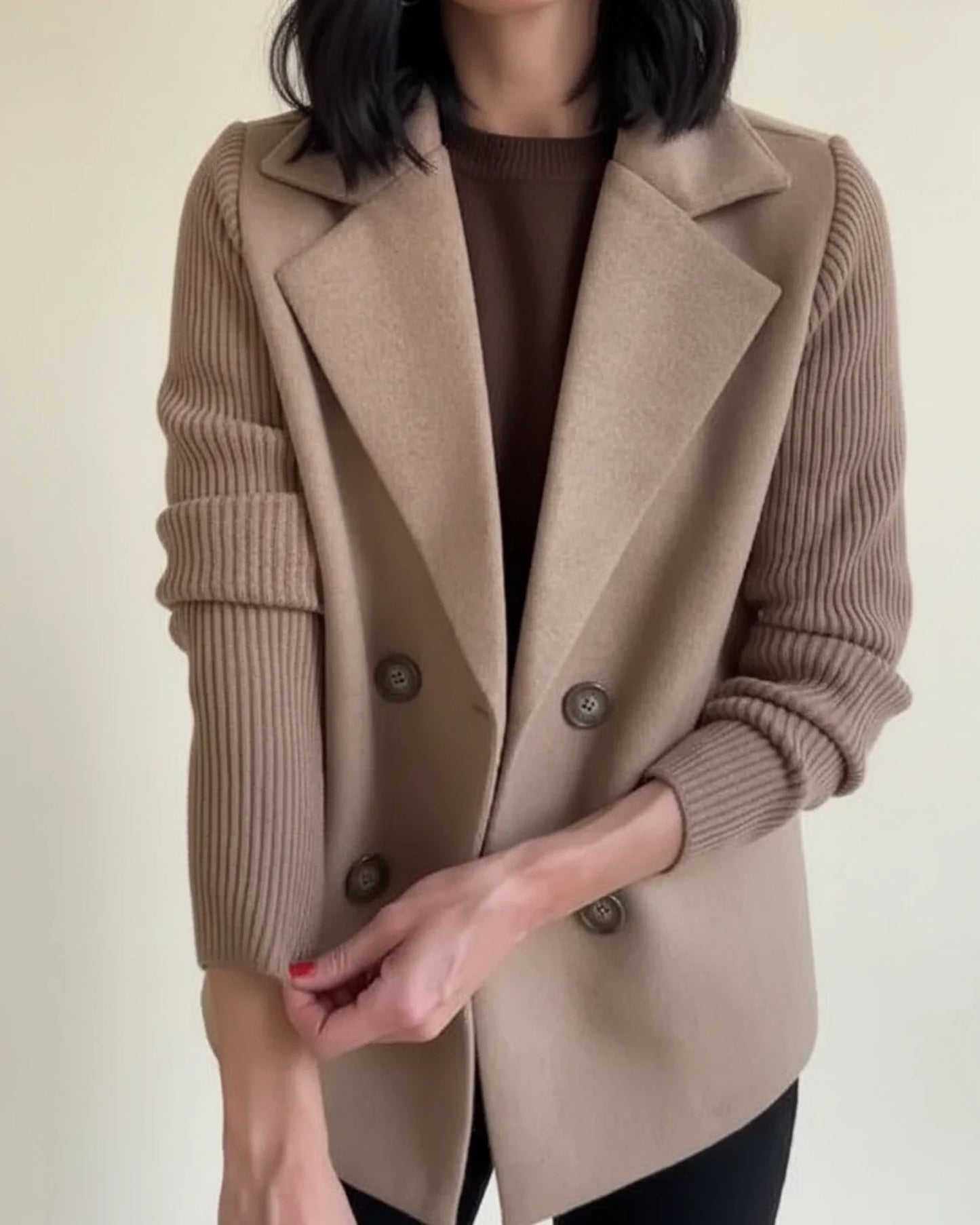 Luvrefashion | Knit Sleeve Double Breasted Blazer Jacket in Khaki - side view