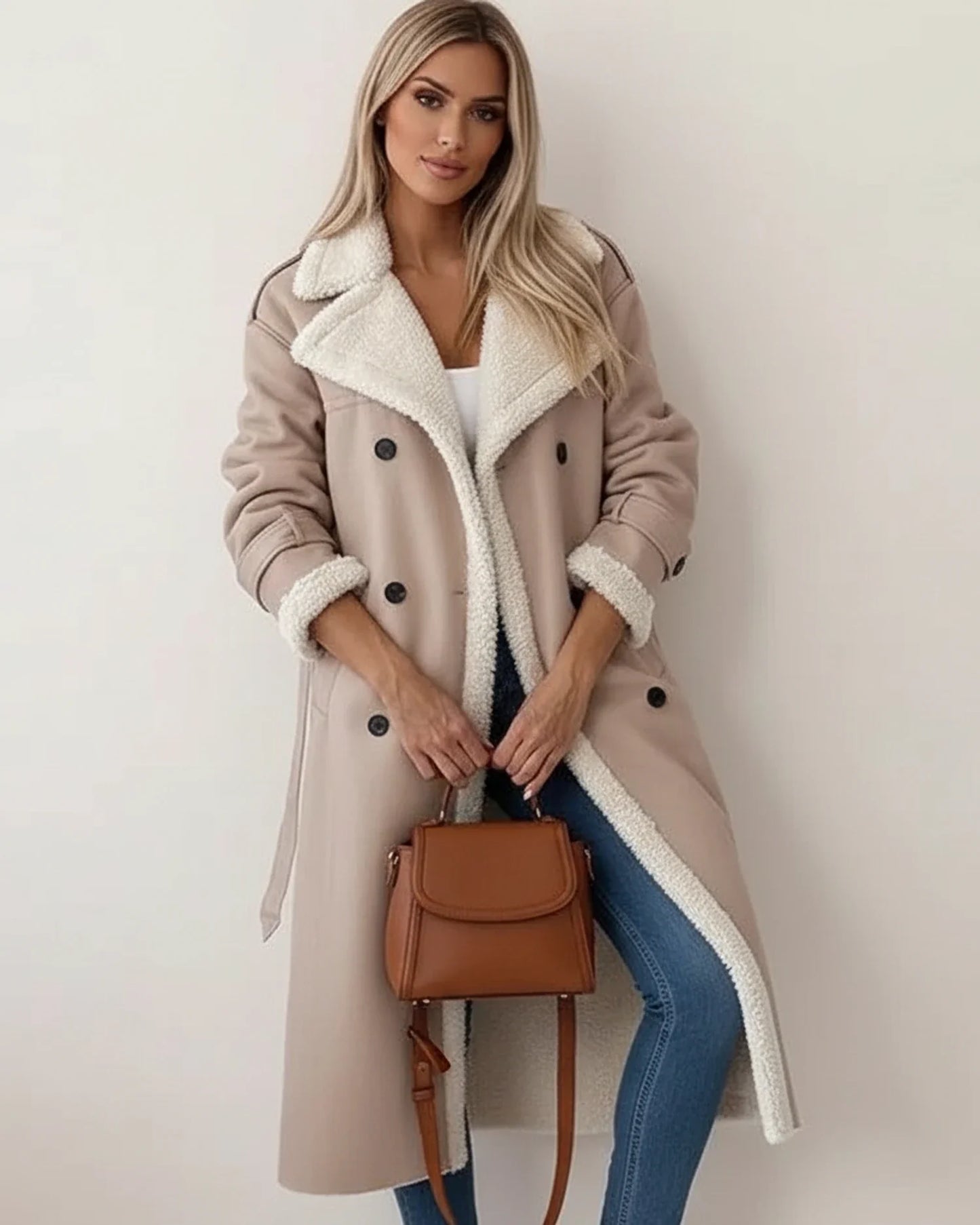Luvrefashion | Long Sherpa Winter Coat in Khaki - back view