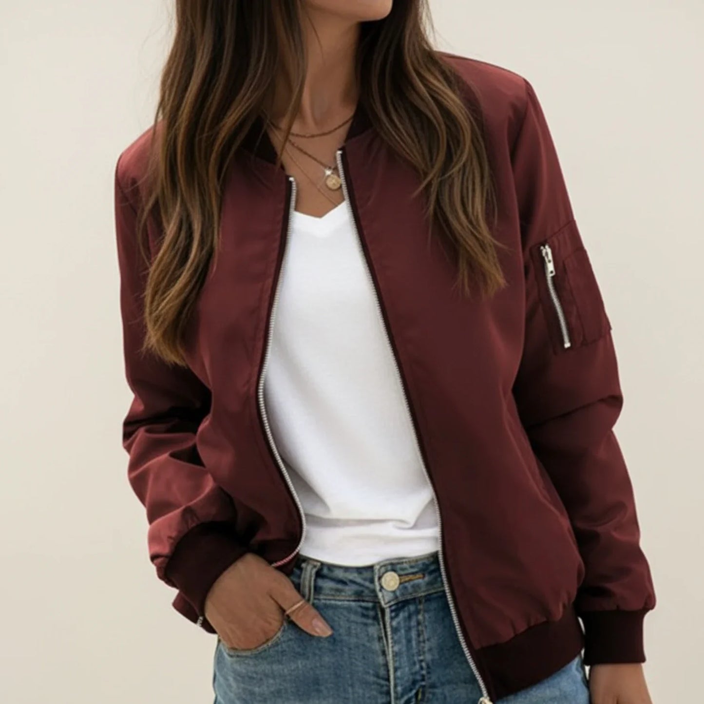 Luvrefashion | Ladies' Zip Front Bomber Jacket in Black - side view