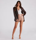 Black High-Rise Faux Leather Wrap Skort with Pleated Detail