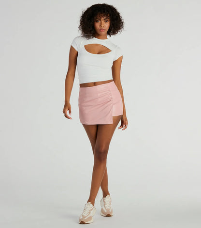 Black Ruched Faux Leather Bodycon Mini Skort