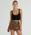 Black Ruched Faux Leather Bodycon Mini Skort