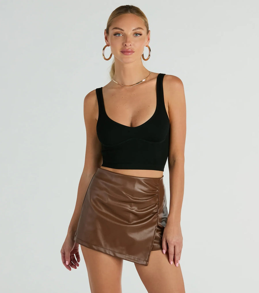 Black Ruched Faux Leather Bodycon Mini Skort