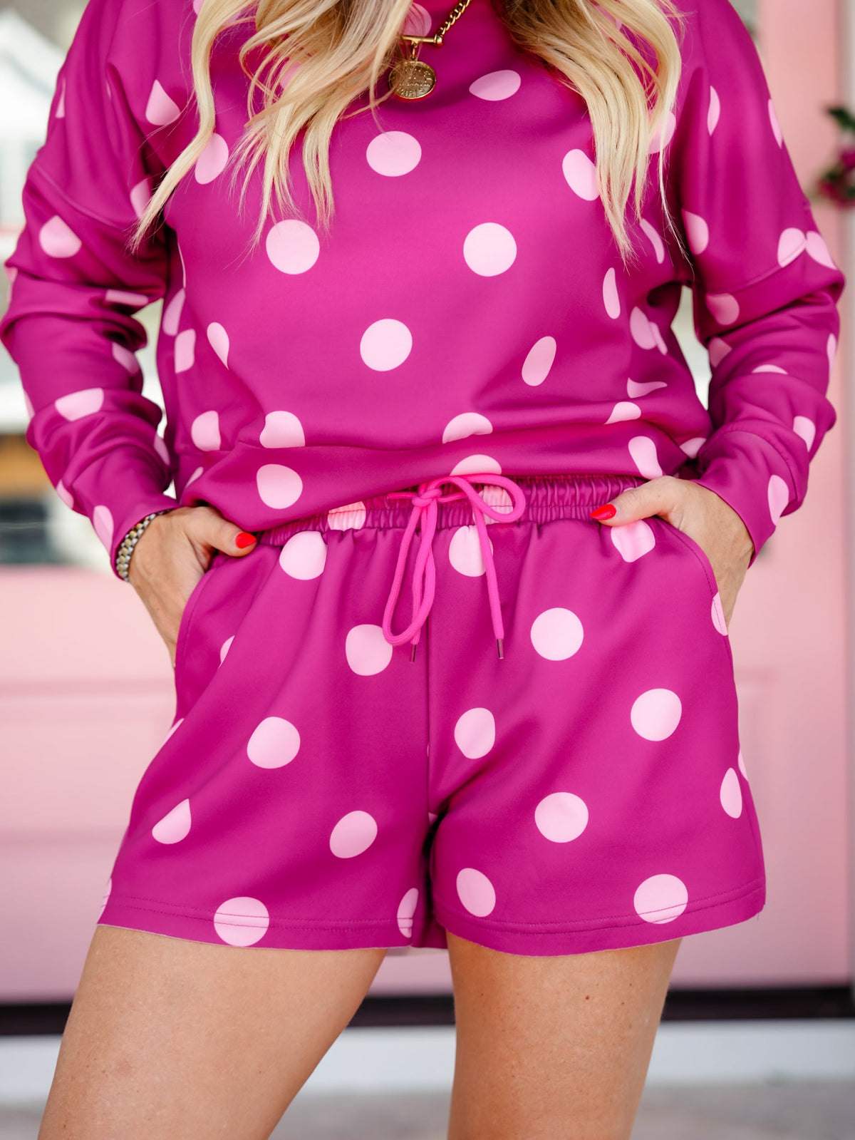 Jess Lea Pink Polka Dot Long Sleeve Pullover and Shorts Set