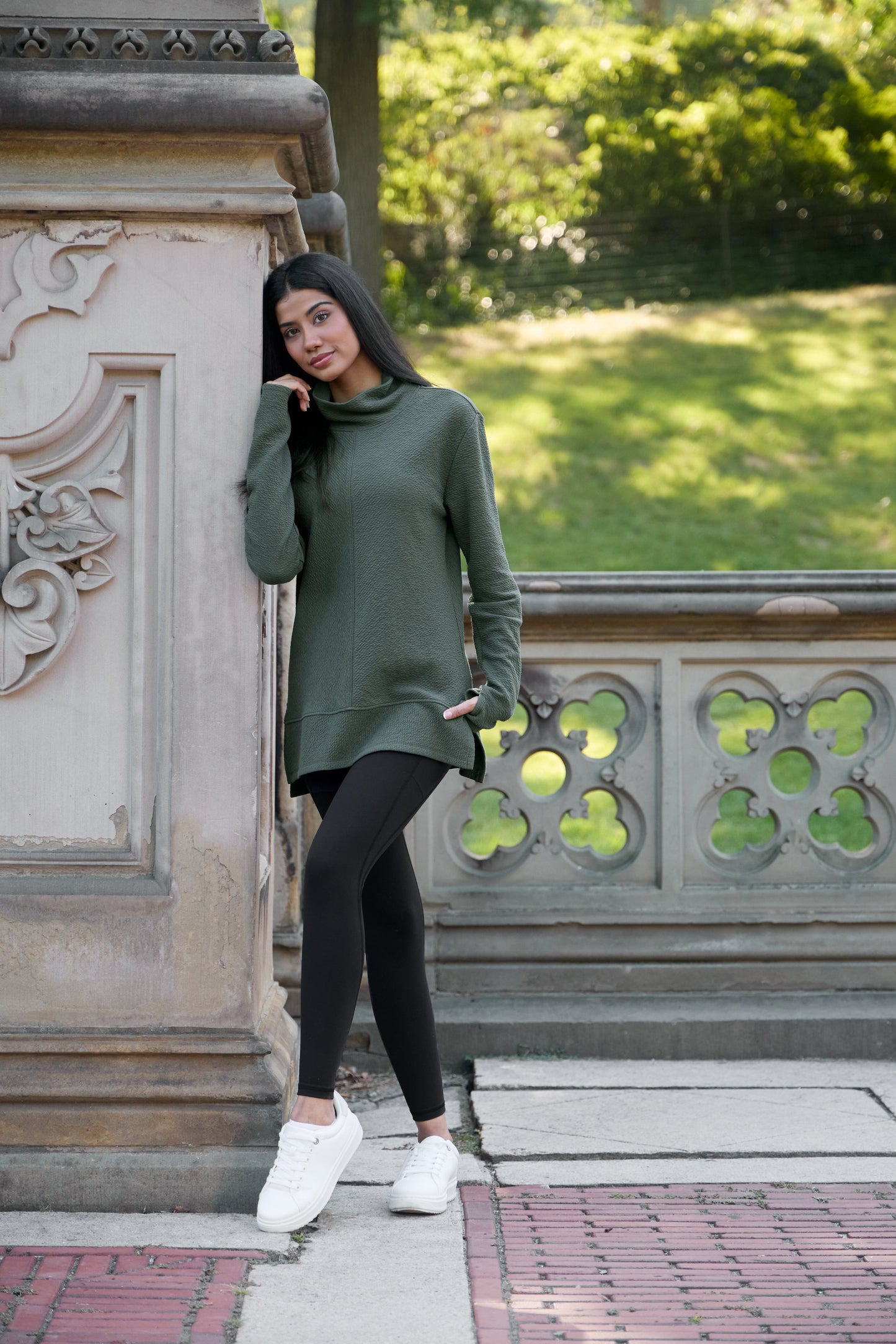 Studio Jacquard Mock Neck Tunic Pullover with Thumb Holes