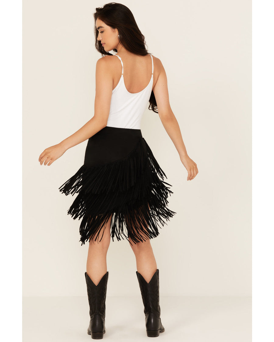 Black Asymmetrical Faux Suede Fringe Mini Skirt