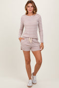 Chloe Beige Striped Ribbed Long Sleeve Top and Drawstring Shorts Set