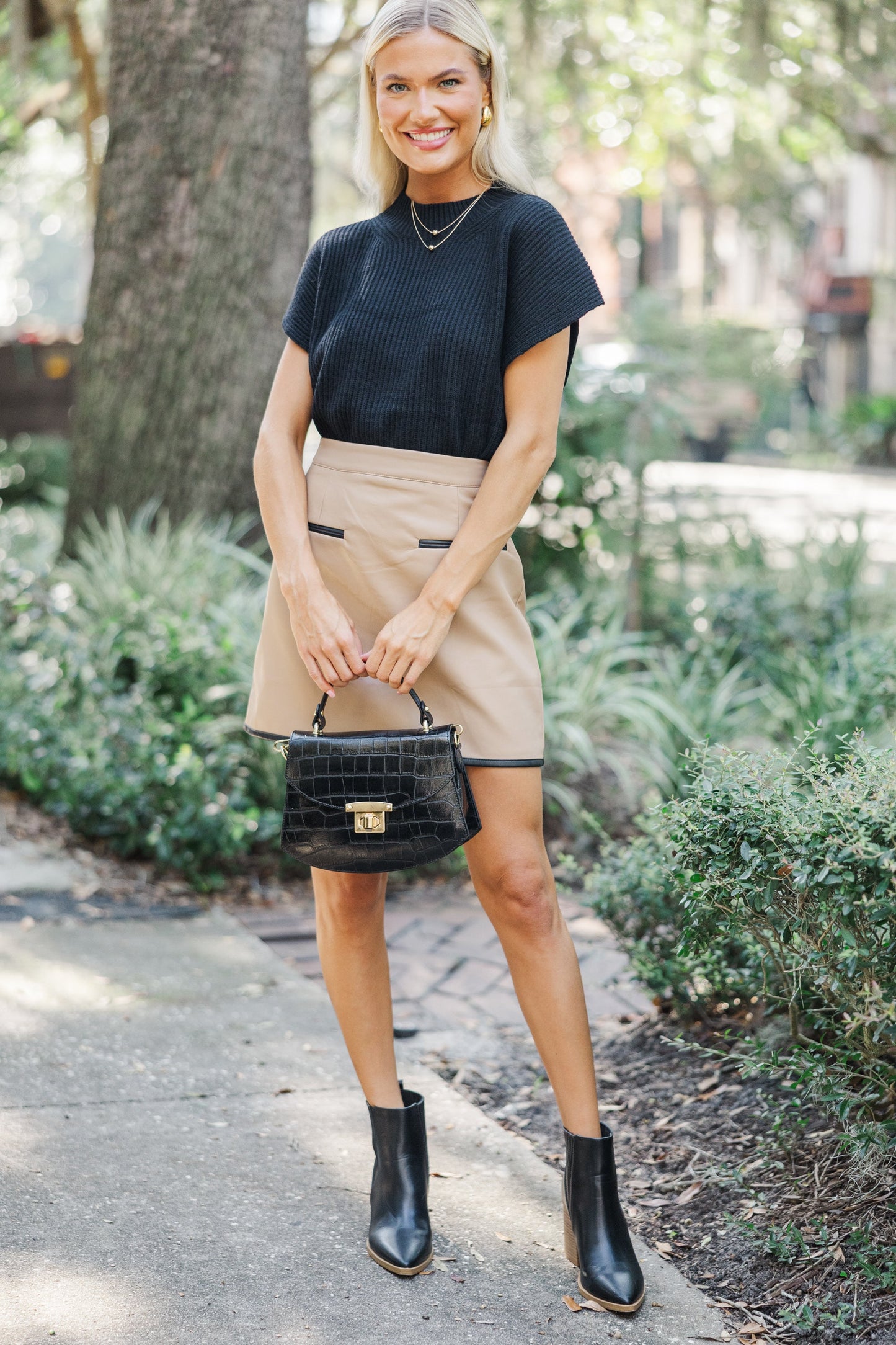 Tan Chic Faux Leather Mini Skirt with Zip Back and Pockets