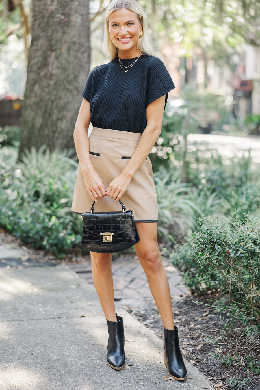 Tan Chic Faux Leather Mini Skirt with Zip Back and Pockets