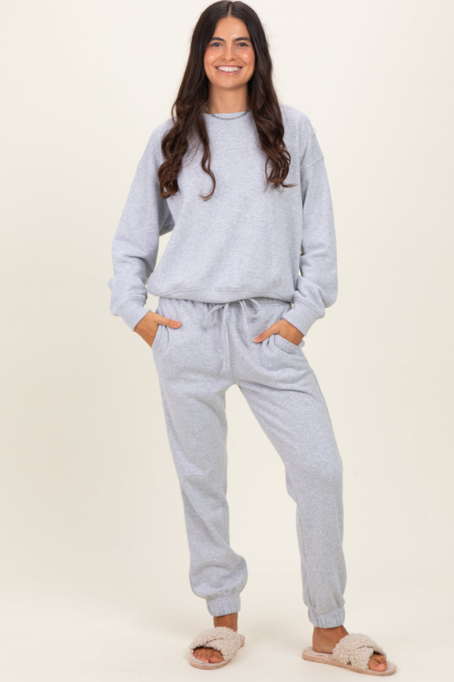 Heather Grey Cozy Fleece Long Sleeve Pullover & Jogger Set
