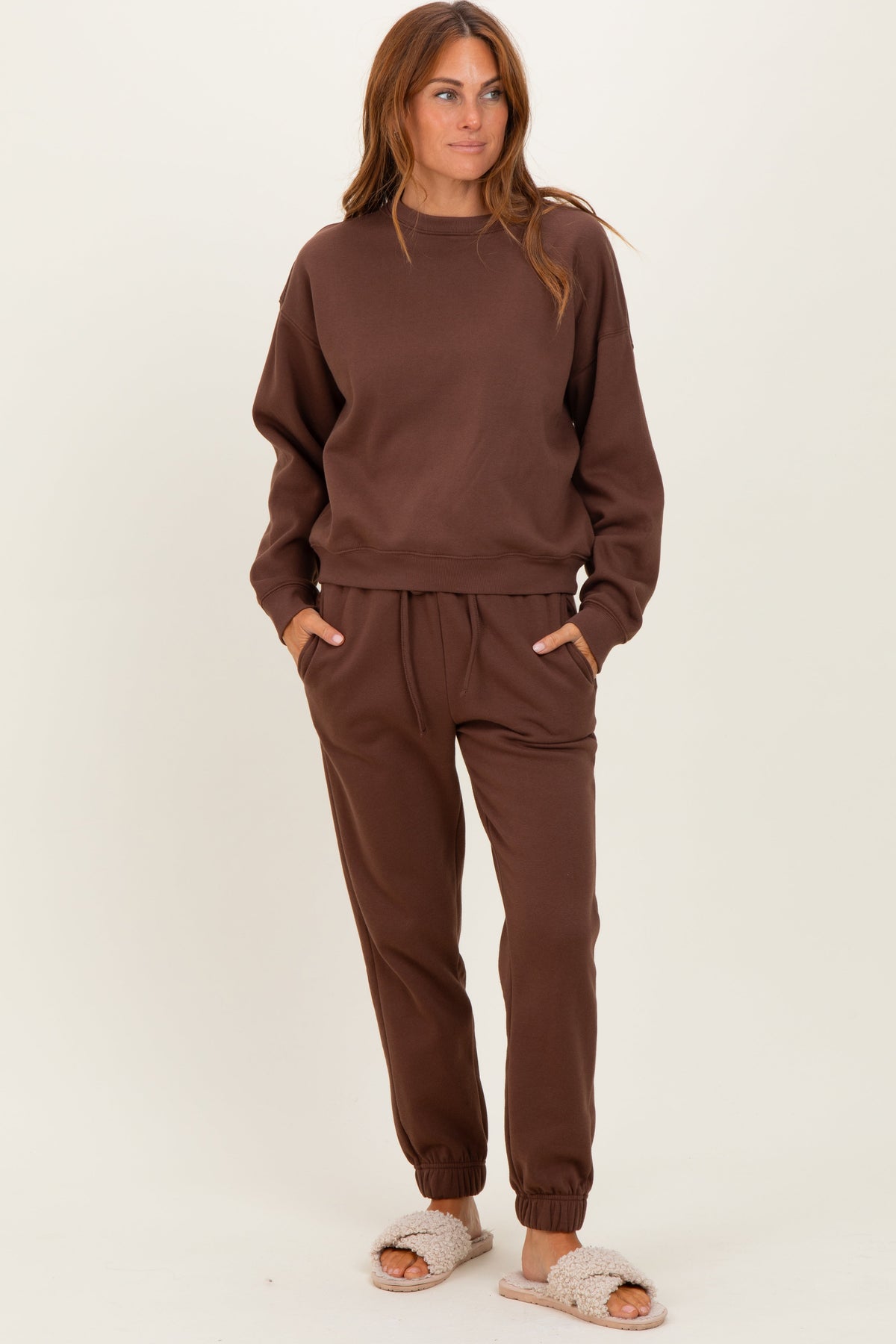 Chloe Brown Cozy Fleece Long Sleeve Pullover & Jogger Set