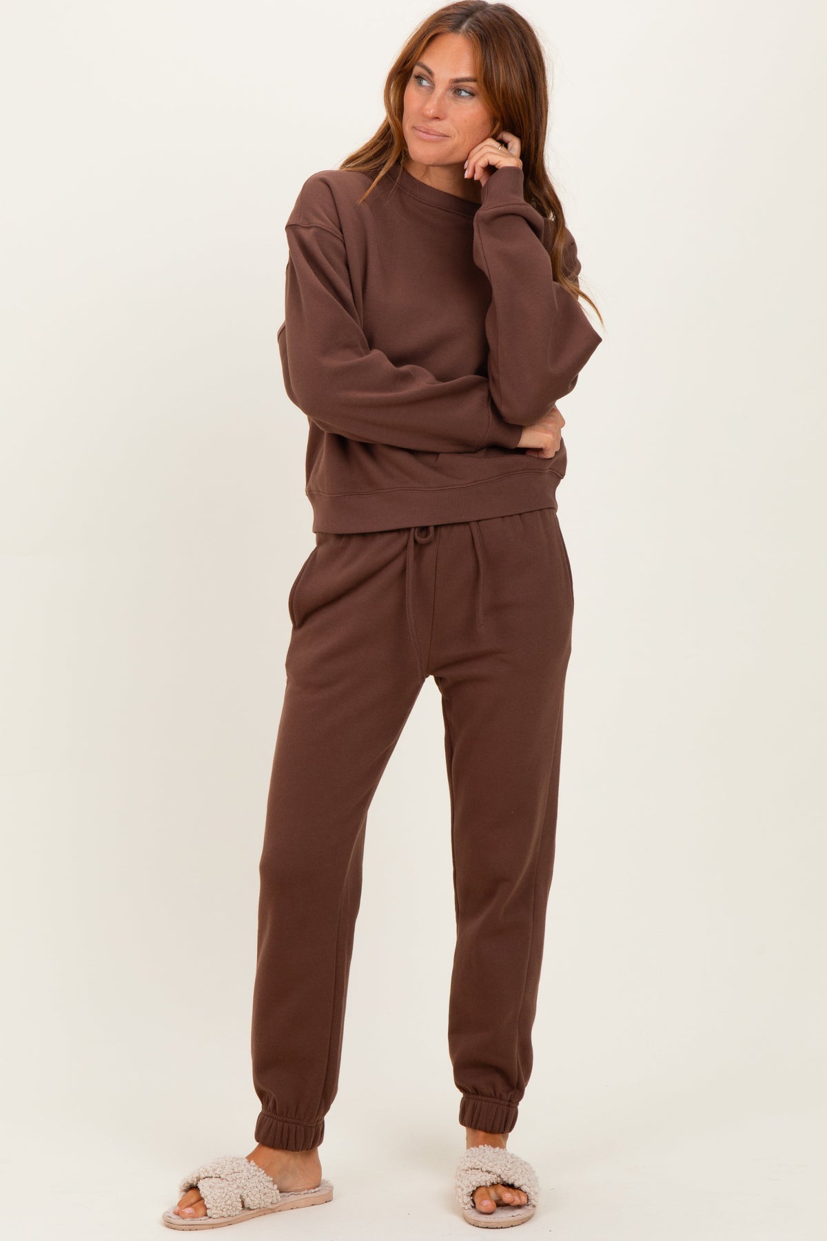 Chloe Brown Cozy Fleece Long Sleeve Pullover & Jogger Set