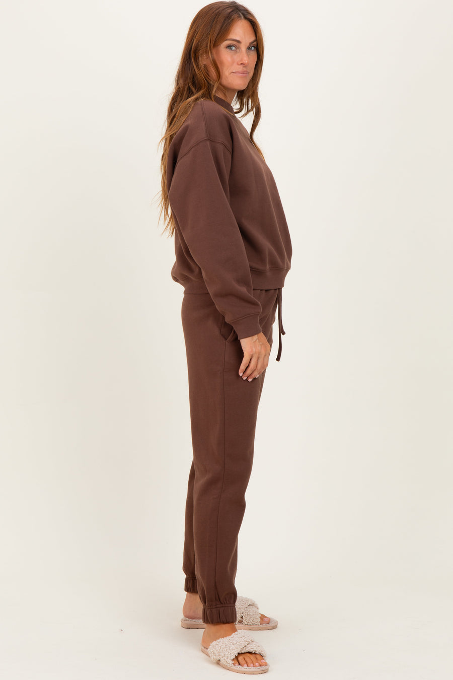 Chloe Brown Cozy Fleece Long Sleeve Pullover & Jogger Set