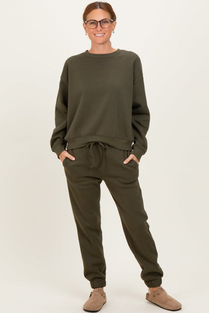 Olive Cozy Fleece Long Sleeve Pullover & Jogger Set