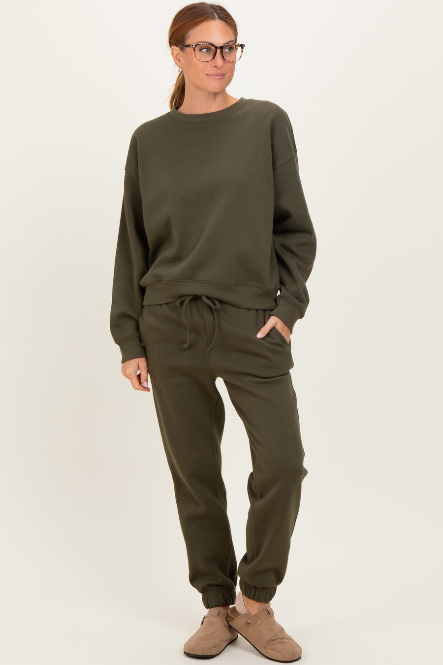 Olive Cozy Fleece Long Sleeve Pullover & Jogger Set