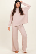 Chloe Beige Textured Rib Mock Neck Long Sleeve Lounge Set