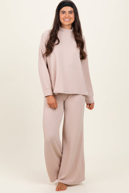 Chloe Beige Textured Rib Mock Neck Long Sleeve Lounge Set