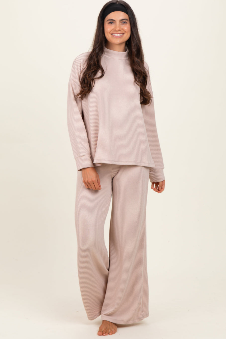 Chloe Beige Textured Rib Mock Neck Long Sleeve Lounge Set