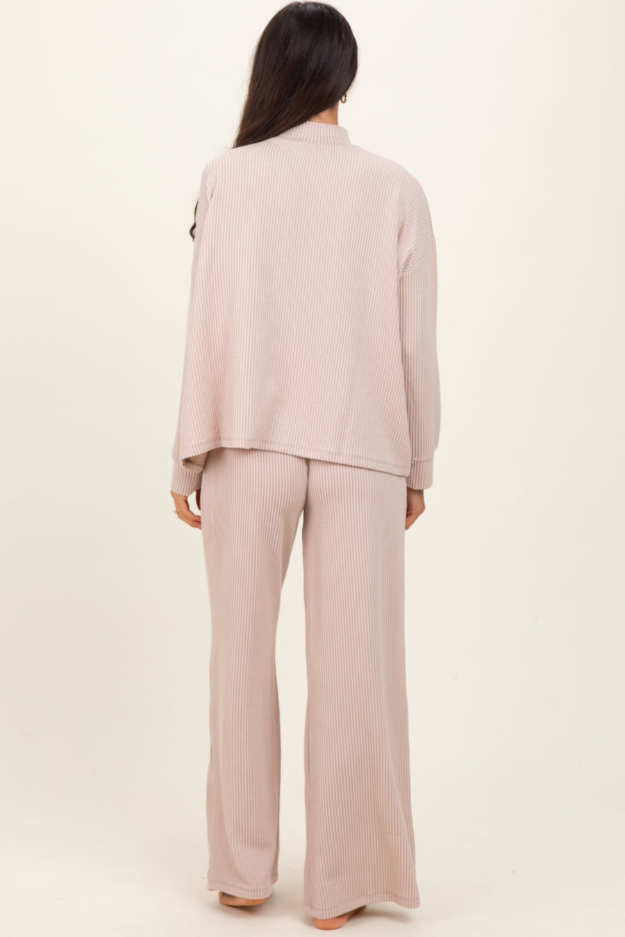 Chloe Beige Textured Rib Mock Neck Long Sleeve Lounge Set