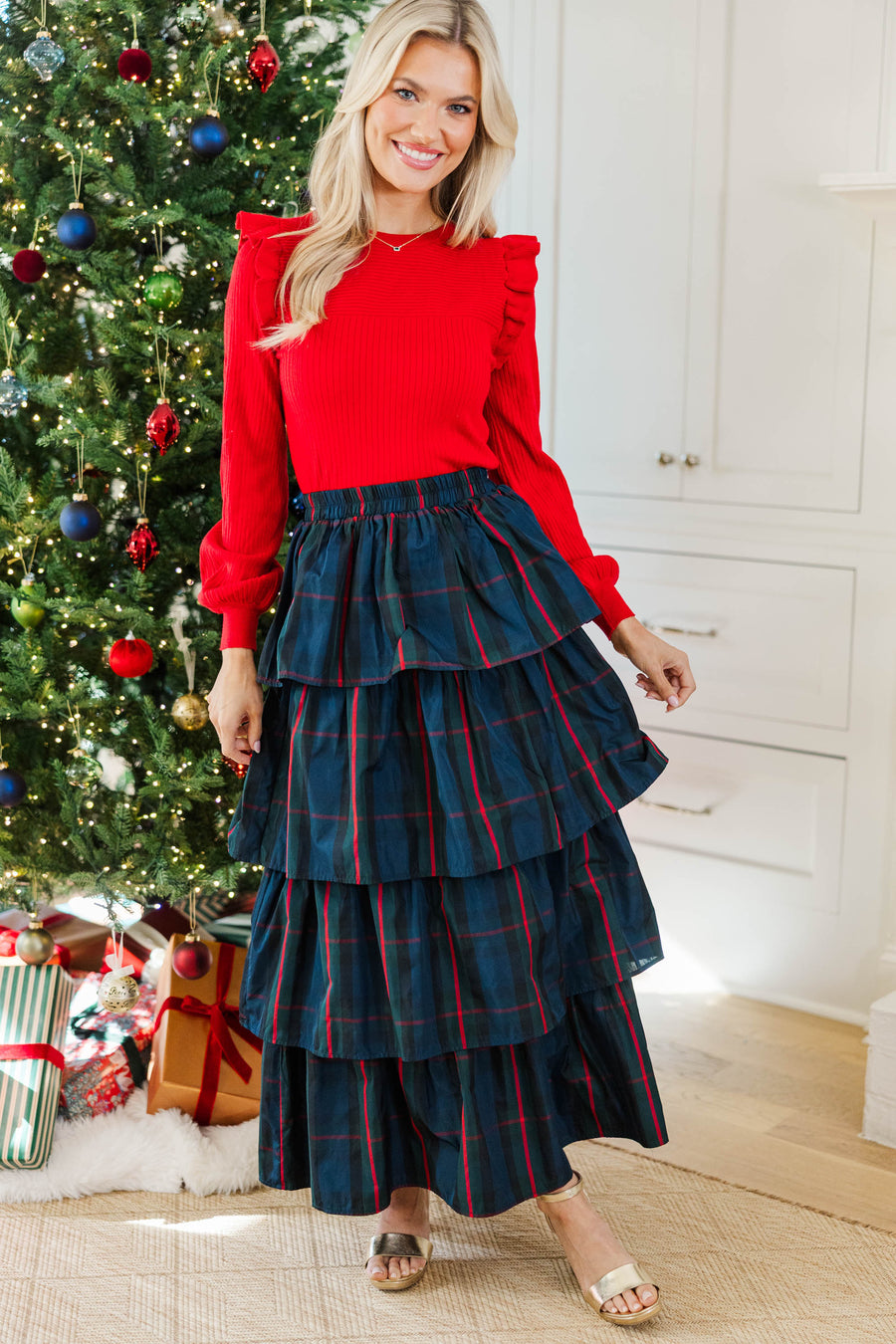 Navy Plaid Tiered Maxi Skirt with Ruffle Design
