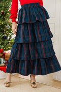 Navy Plaid Tiered Maxi Skirt with Ruffle Design