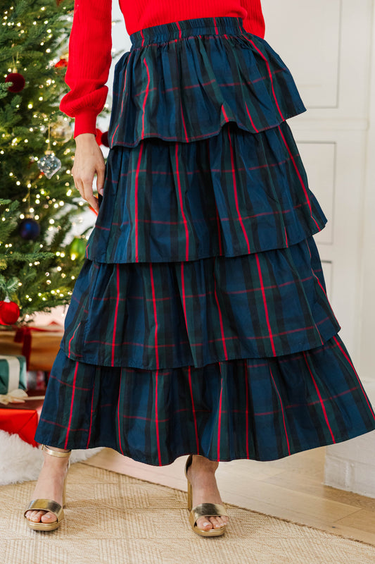 Navy Plaid Tiered Maxi Skirt with Ruffle Design