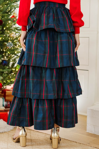 Navy Plaid Tiered Maxi Skirt with Ruffle Design