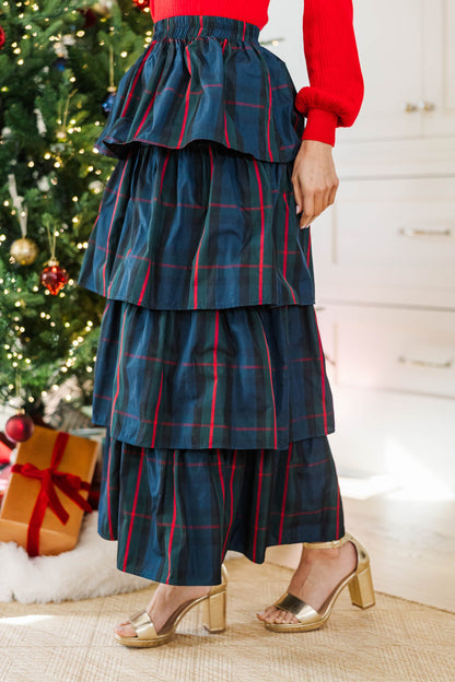 Navy Plaid Tiered Maxi Skirt with Ruffle Design