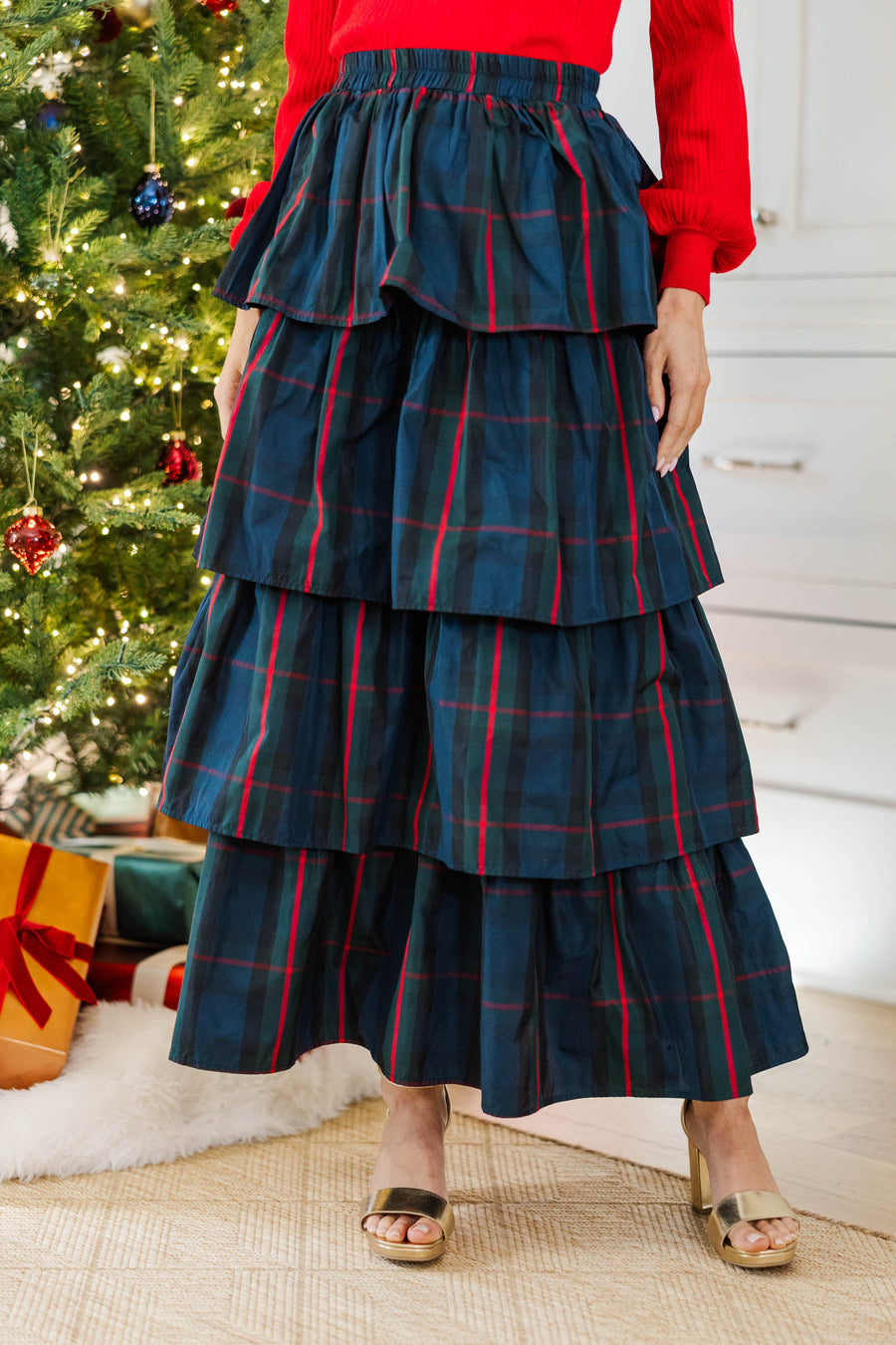 Navy Plaid Tiered Maxi Skirt with Ruffle Design