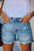 Stylish Women's Denim Shorts with Distressed Details and Fringe Trim