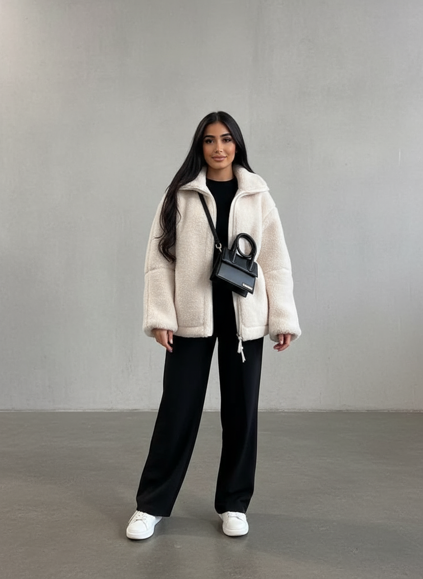 Luvrefashion | Mila Classic Teddy Fleece Jacket in White - styled look