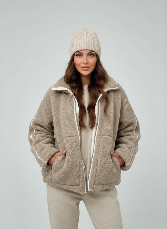Mila Classic Teddy Fleece Jacket in White - front view