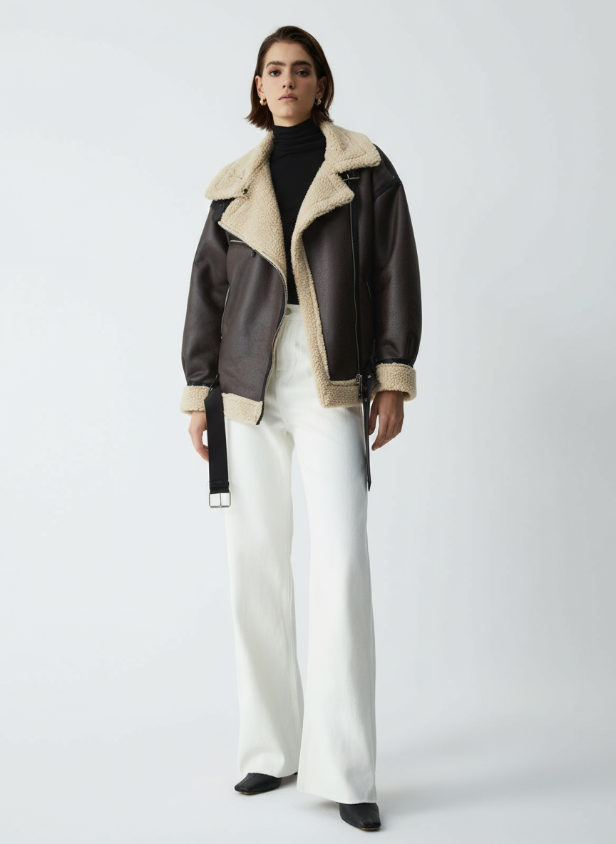 Braun Shearling Aviator Jacket – Faux Leather with Cozy Teddy Lining in XS - side view